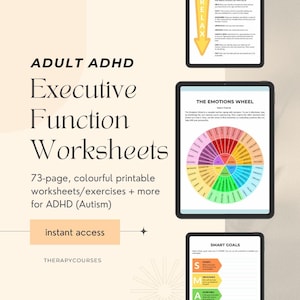 Op de afbeelding: Een digitale download voor 73 printbare werkbladen en oefeningen voor volwassenen met ADHD of autisme. De werkbladen bevatten een kleurrijk emotierad en een SMART-doelenwerkblad. De tekst op de afbeelding luidt: "Adult ADHD Executive Function Worksheets 73-page, colourful printable worksheets/exercises + more for ADHD (Autism) instant access THERAPYCOURSES THE EMOTIONS WHEEL SMART GOALS S M A"