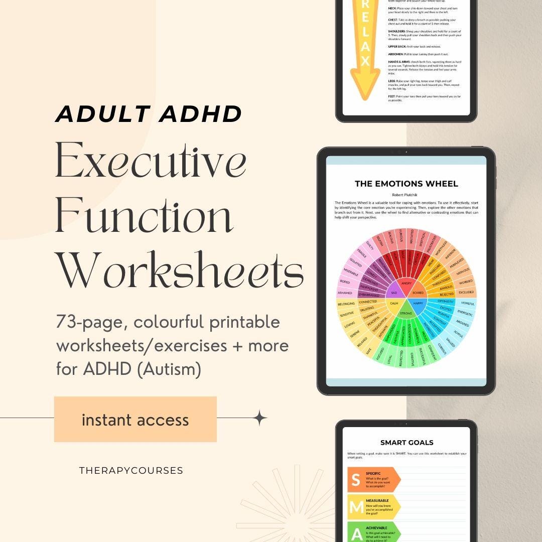 ADHD Executive Function Worksheets: Adult Organization Skills, Therapy ...