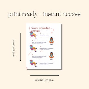 May include: Printable 5 Senses Grounding Technique poster with a calming color scheme. The poster features a cartoon illustration of a person sitting in a chair with a thought bubble above their head. The poster is 8.5 inches by 11 inches.