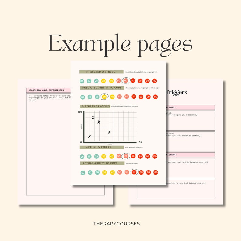 May include: Two pages from a therapy workbook with the title "Example Pages". The first page has the title "Recording Your Experiences" and includes a section for "Post-Exposure Notes". The second page has the title "Triggers" and includes sections for "Thoughts you experience" and "Situations that tend to increase your OCD".