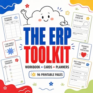 Puede incluir: Un libro de ejercicios digital titulado The ERP Toolkit con 96 páginas imprimibles, que presenta un personaje de nube sonriente, acentos florales coloridos y varias tarjetas de planificación como Exposure Planning y Daily Practice Planner.