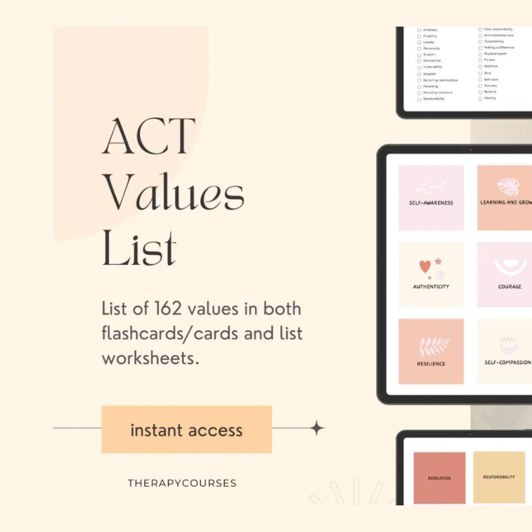 ACT Values List Worksheets: 162 Core Values Flashcards & Examples ...