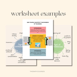 May include: Three worksheets titled "worksheet examples" with information on trauma and tolerance. The worksheets include text and diagrams explaining hyperarousal, the window of tolerance, and hypoarousal. The bottom of the image has the text "THERAPYCOURSES".