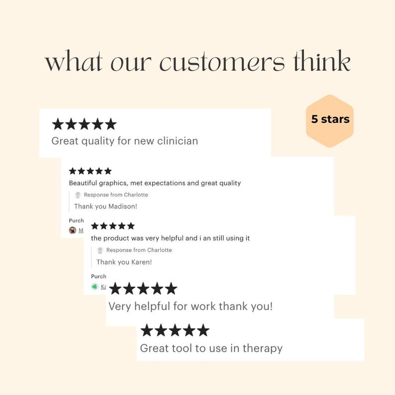 May include: Five star reviews for a product with the text "Great quality for new clinician", "Beautiful graphics, met expectations and great quality", "the product was very helpful and i an still using it", "Very helpful for work thank you!" and "Great tool to use in therapy".