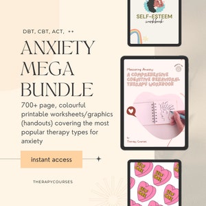 Plus de 700 feuilles d'exercices sur l'anxiété, livre d'exercices sur l'anxiété, TCC, TCD, outils de thérapie, ACT, thérapie par l'exposition, travail sur l'estime de soi