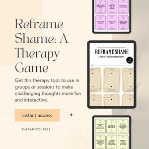 Juego de cartas para afrontar la vergüenza: sugerencias para afrontarla, terapia de grupo, trauma, TEPT, juego de TCC, frases de compasión, herramientas terapéuticas para adolescentes y adultos.