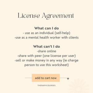 May include: A digital document titled "License Agreement" with text detailing usage rights for individuals and mental health professionals. The document outlines permitted and prohibited uses, including sharing and commercial activities. The document includes a button that says "add to cart now".