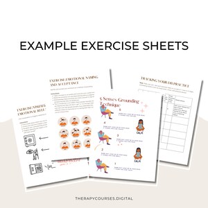 May include: Three printable worksheets for emotional regulation and grounding techniques. The first worksheet features a visual exercise with a safe place, the second worksheet features a grid of faces to identify emotions, and the third worksheet is a 5 senses grounding technique with a person sitting in a chair.
