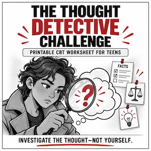 Może przedstawiać: Czarno-biały arkusz ćwiczeń CBT do druku zatytułowany THE THOUGHT DETECTIVE CHALLENGE. Zawiera ilustrację osoby trzymającej lupę nad chmurką myślową z czerwonym znakiem zapytania oraz notatki z faktami, wagą i ikoną żarówki.