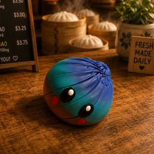 May include: A round, gradient-coloured bao bun toy featuring a blue and purple exterior, two black oval eyes with white highlights, and two small red circular cheeks. The top of the toy has a textured, pleated design resembling a traditional steamed bun.