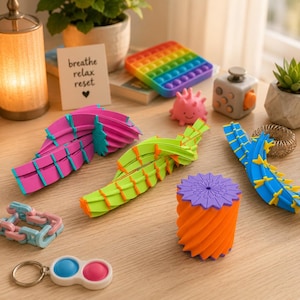 May include: A collection of colorful sensory fidget toys including three articulated slug-like figures in pink, green, and blue, a purple and orange spiral cylinder, a rainbow square pop-it, a gray cube, a pink spiky ball, a chain, and a keychain.