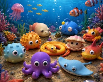 STL-bundel zeedieren gelede 3D-printbestanden, Flexi Ocean Creatures, Flexi Fish, Sea Creatures Pack, dolfijn, 3D-geprinte bestanden