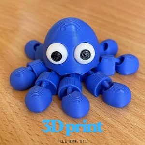 May include: A blue articulated octopus figurine with a rounded head and eight segmented, flexible tentacles. The creature features two large, white, circular eyes with black pupils. The text 3D print and FILE 3MF, STL are visible below.