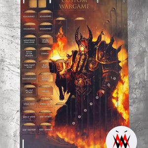 Peut inclure: Un plateau de jeu de guerre personnalisé avec une image de fond enflammée d'un démon. Le plateau comporte 12 cases numérotées et diverses options d'action, notamment "Soulburned", "Points rituels", "Starfall", "Bénir l'arme", "Défense totale", "Attaque totale", "Frapper en premier", "Frapper en dernier", "Ajouter 2" Déplacement", "Ajouter 1 Attaque" et "Ajouter 1 Dégât".