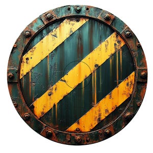 Könnte beinhalten: Ein rundes, rostiges Metallschild mit gelben und schwarzen Streifen. Das Schild hat einen runden Rahmen mit mehreren Schrauben am Rand.