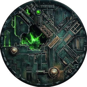 Könnte beinhalten: Ein kreisförmiges, metallisches, grün-braunes Design mit einem leuchtend grünen Zentrum. Das Design ist kompliziert und detailliert, mit einer futuristischen oder Science-Fiction-Ästhetik.