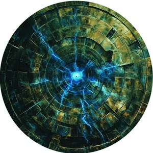 Puede incluir: Un objeto circular metálico con un patrón concéntrico de cuadrados y círculos. El centro del objeto es una luz azul brillante con chispas eléctricas azules que irradian hacia afuera.