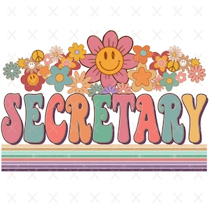 Groovy secretary png, retro secretary sublimation designs downloads, hippie floral t-shirt clipart files, vintage back to school occupation