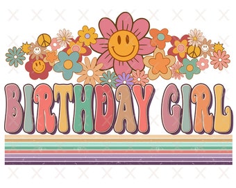 Groovy verjaardag meisje png, retro Peuter Meisje Bloemen sublimatie ontwerpen downloads, vintage verjaardag meisje Shirt ontwerp png, boho bloemen bestand