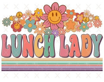 Groovy lunch lady png, retro lunch lady sublimatie ontwerpt downloads, hippie bloemen t-shirt clipart bestanden, vintage beroep shirt design