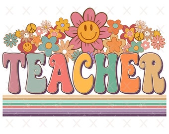 Groovy leraar png, retro leraar sublimatie ontwerpen downloads, hippie bloemen t-shirt clipart bestanden, vintage terug naar school Waardering