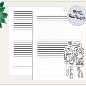May include: Printable lined journal pages with a silhouette of a couple formed by words like love, trust, joy, friends, respect, laugh, memories, family, forever, and happy. The words are in black and white.