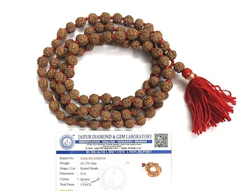Lab Certified 5 Mukhi Rudraksha Mala (108+1) 5 Face Rudraksh Mala Beads Lord Shiva Jaap Mala Meditation Prayer Yoga, Natural Rudraksha Seeds