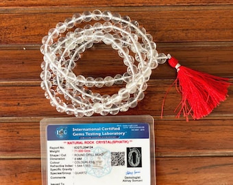 Certified Sphatik Mala 8mm Crystal Quartz 108+1 Beads Chakra Healing Jaap Mala, Prayer Rosary for Meditation & Yoga, Original Spatika Malai