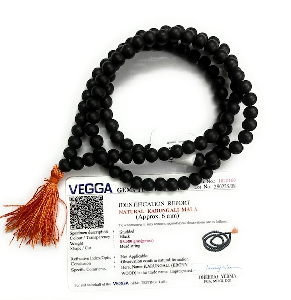 Certified Karungali Mala 6mm (108+1 Beads) Original Ebony Wood beads Yoga Prayer Rosary, Natural Karungali Malai for Men Women