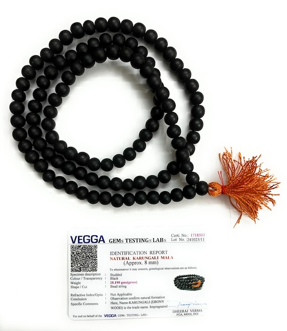 Certified Karungali Mala 8mm (108+1 Beads) Original Ebony Wood Bead Yoga Prayer Rosary, Natural Karungali Malai for Men Women