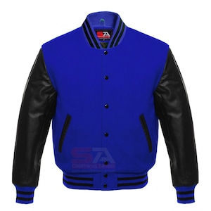 Varsity Letterman Baseball Bomber Blue Wool et Genuine Black Leather Sleeves Jacket Varsity Men's Women's Kid's Varsity Jackets image 1