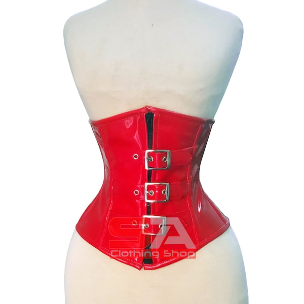 Damen Stahl ohne Knochen Taillenkorsett Schnürung Gothic Waspie PVC Unterbrust Korsett Gürtel 8401 Rot