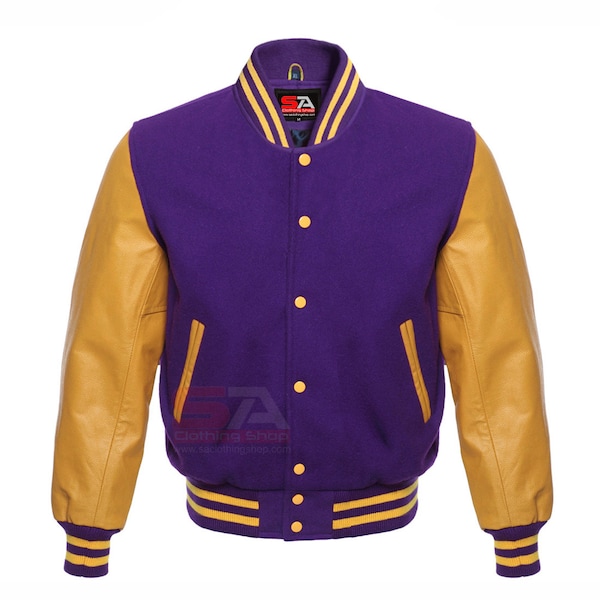 Varsity Letterman Baseball Bomber Wool and Genuine Leather Sleeves Jacket Varsity Men's Women's Kid's Varsity Jackets Purple Gold