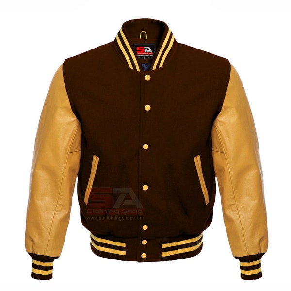 Varsity Letterman Baseball Bomber Laine et manches en cuir véritable Veste Varsity Men's Women's Kid's Varsity Jackets Dark Brown Gold