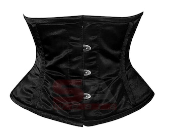 Femmes Acier Boned Waist Cincher Lacing Gothic Waspie Satin Underbust Corset Belt C79S Noir