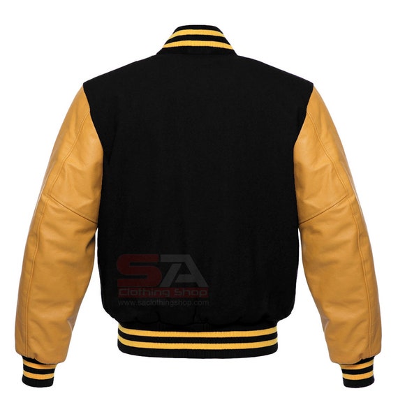  Varsity Baseball Letterman Bomber School Collage Premium Wool  and Genuine Yellow Gold Leather Sleeves Zipper Jacket : Clothing, Shoes 