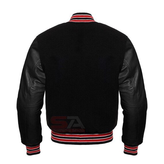 Varsity Letterman Baseball Bomber Black Wool and Genuine Black Leather Sleeves Jacket Varsity Men s Women s Kid s Varsity Jackets Etsy UK