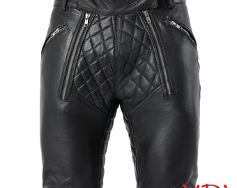 Handmade Black Genuine Leather Quilted Zipper Pants Motorbike Biker Rider Pants, BLUF Hot Gay Pants Trousers Gift for Men