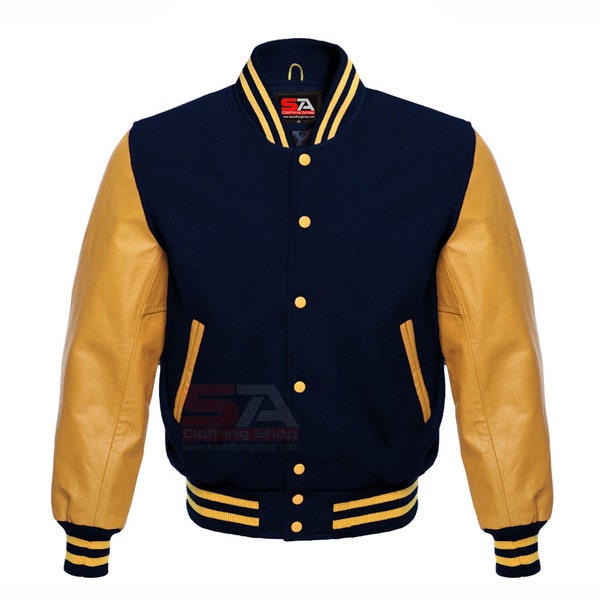 Varsity Letterman Baseball Bomber Wool and Genuine Leather Sleeves Jacket Varsity Men's Women's Kid's Varsity Jackets Navy Gold