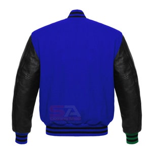 Varsity Letterman Baseball Bomber Blue Wool et Genuine Black Leather Sleeves Jacket Varsity Men's Women's Kid's Varsity Jackets image 2