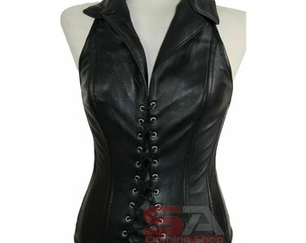 Overbust corset Black leather lace-up corset with straps Gothic corsets handmade from genuine leather