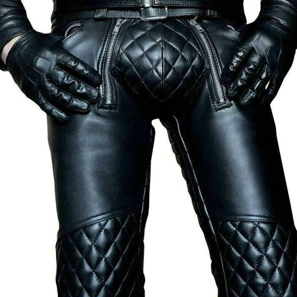 Gay Pants Black Genuine Leather Quilted Pants Motorbike Biker Rider  Pants, Zipper Pants, BLUF Hot Gay Pants Trousers