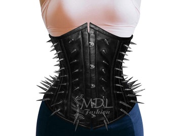 Women Leather Corset Underbust Metal Spiked Corset Steel Boned Steampunk Gothic Halloween Cosplay Corset