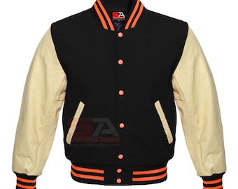 Men's Letterman Baseball College School Varsity Jacket Premium Black Wool & Real Leather Cream Sports Outdoor Winter Bomber Jacket