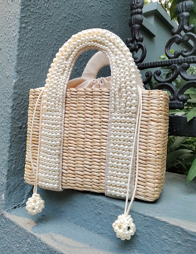 Woven Straw Pearl Embellished Knitted Holiday Bag Women Beach - Etsy