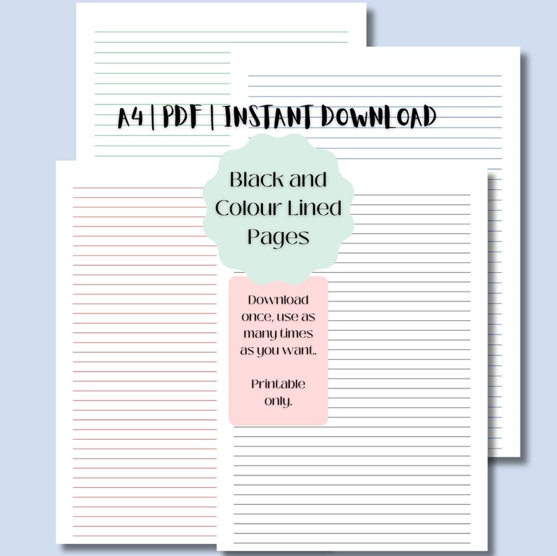 Printable A4 Lined Pages, PDF A4 Colour Lined, A4 Pages, Black Lined ...