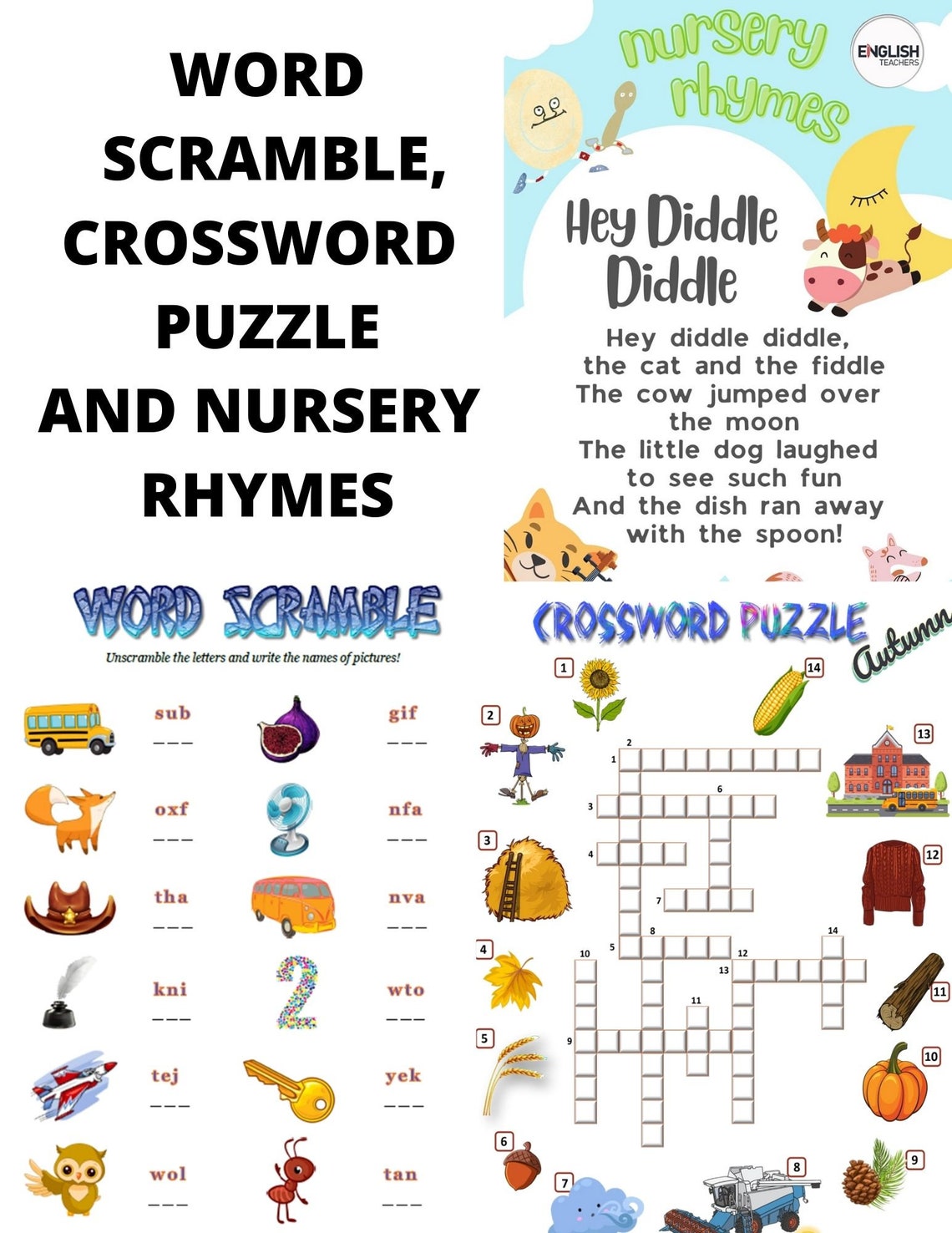 Word SCRAMBLE Crossword PUZZLE and NURSERY Rhymes Etsy