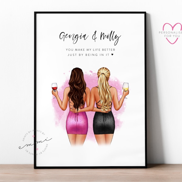 Custom Best Friend Print, Party, Bestie Gift, Birthday, Illustrated, Best Friend Gift, Best Friends, Gift for Her, Gift for Friend, Sister