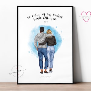 Impresión de retrato personalizada de pareja personalizada, regalo de novio, regalo de novia, San Valentín, ilustrado, cumpleaños, aniversario, compromiso, amor