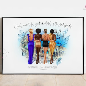 Gran grupo personalizado niñas viaje impresión, fiesta, vacaciones, viaje de niñas, ciudad, mejores amigos, amigo, ilustrado, mejor regalo de amigo, mejores amigos